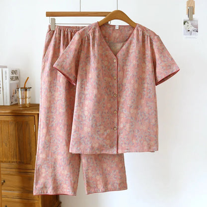 2025 Spring/Summer New Women's Pajama Set 100% Cotton Short Sleeve+Capris Two Piece Set for Large Flower Thin Home Furnishing 02