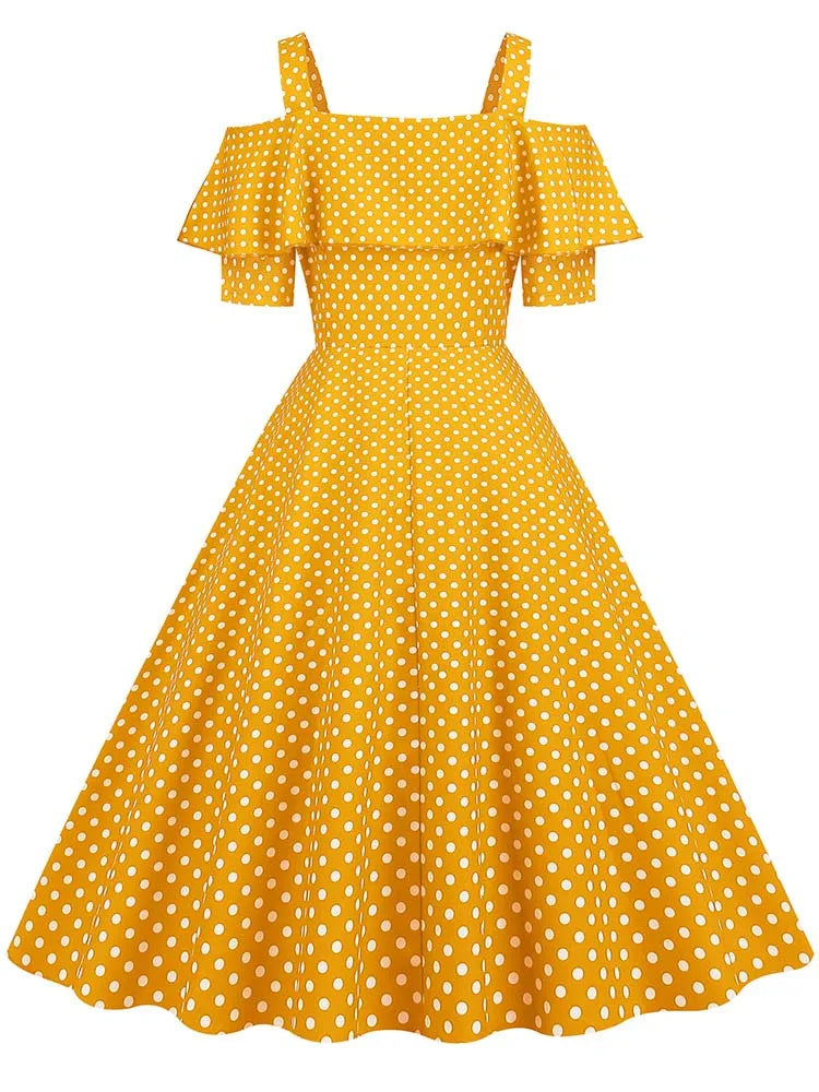 Off the Shoulder Elegant Vintage Party Dress Women Summer Polka Dot Ruffles A Line Midi Dresses