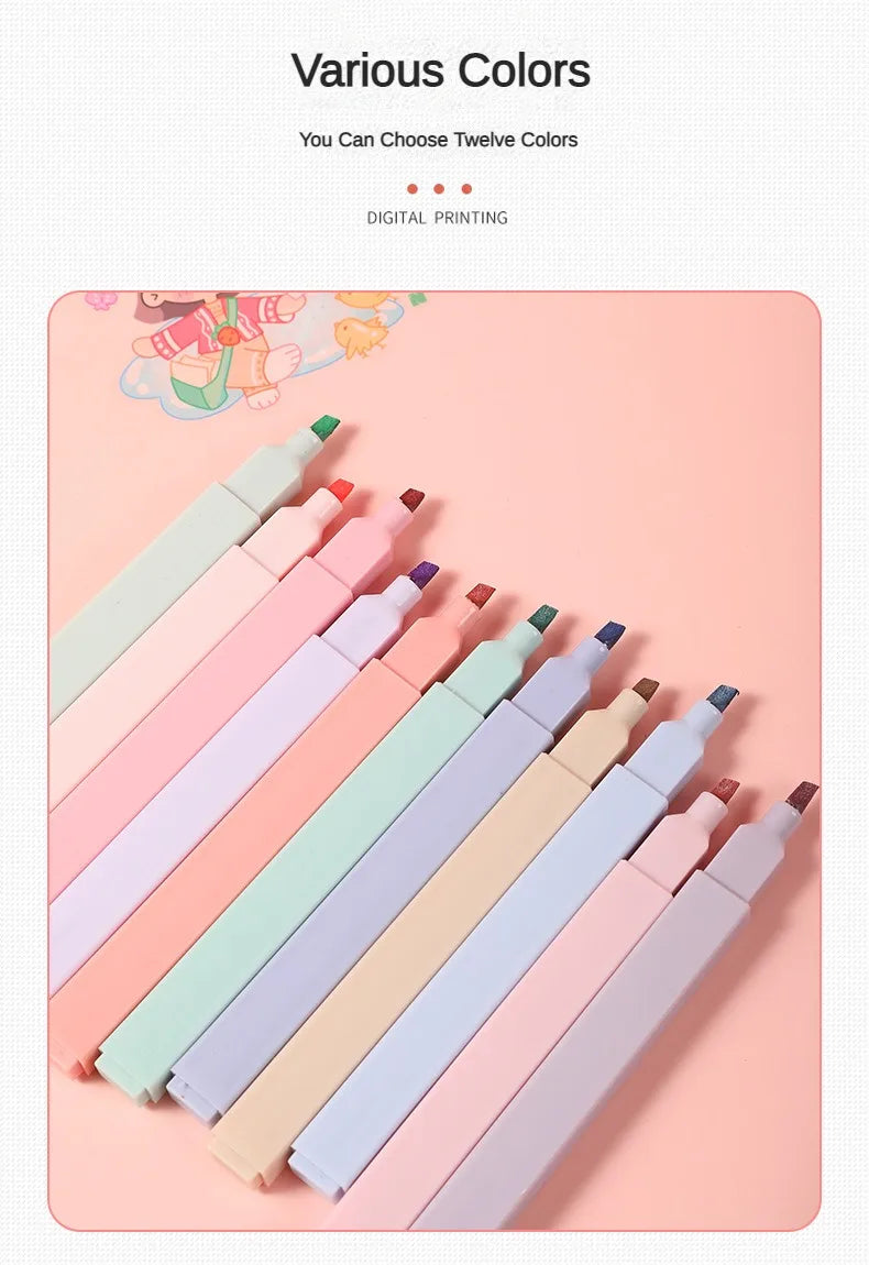 12 Pcs/Set Double Tip Highlighter Pens Kawaii Manga Markers Midliner Pastel Gel Set Stationery Journal School office Supplies Badiee Stylez