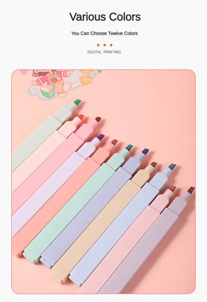 12 Pcs/Set Double Tip Highlighter Pens Kawaii Manga Markers Midliner Pastel Gel Set Stationery Journal School office Supplies Badiee Stylez