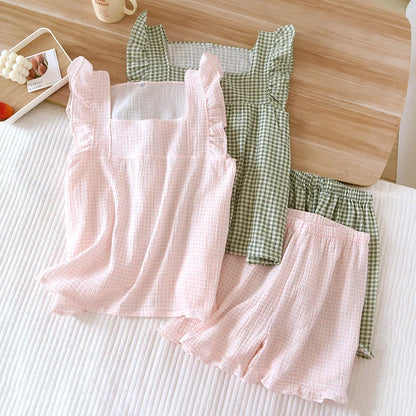 2025 Japanese summer new women's pajamas suit short-sleeved shorts two-piece 100% cotton crepe simple checked thin home clothes