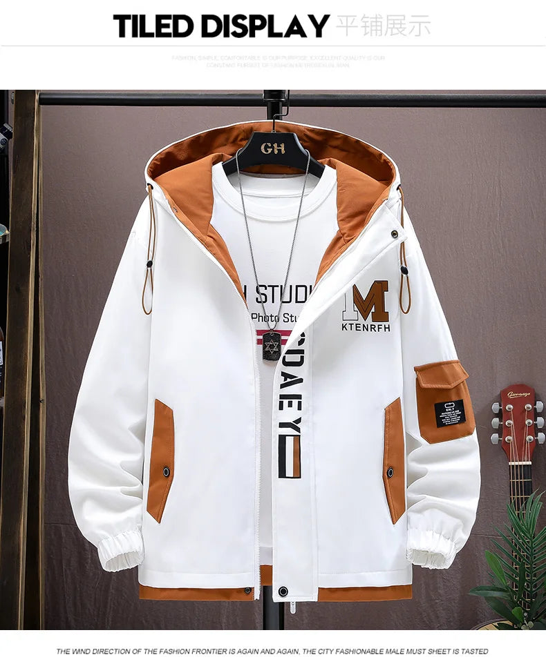 Men's Casual Hooded Jackets Autumn Patchwork Thin Coats Outwear Top Windbreaker Streetwear Male Outerwear Coat