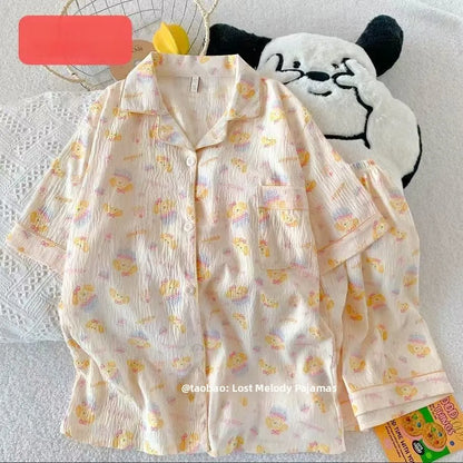 Cute Pink Cloud Cotton Spwear Bear Print Home Clothes Long Sve ort Sve Women's Comfortable Home Suit Summer Thin