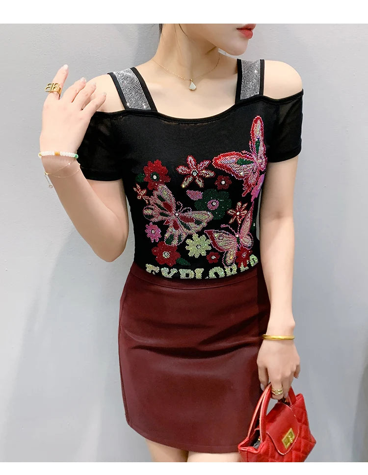 New Arrival Summer European Clothes Women's T-Shirts Chic Luxury Butterfly Hot Diamonds Tees Sexy Girl Slim Streetwear Tops