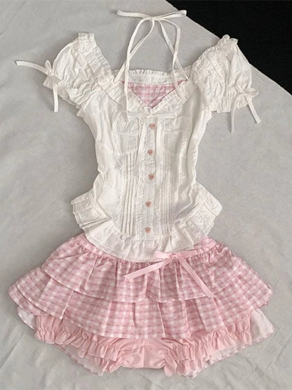 Summer Japanese Sweet Cute Women Outfits Bubble Sleeve Top + Pink Plaid Cake Skirt Harajuku Pure Desire Slim Two Piece Sets 2025 2 Piece Set
