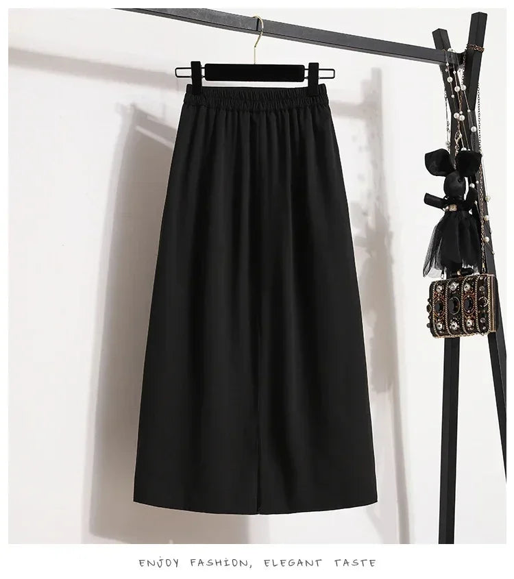 2025 Summer Female Fashionable Versatile Solid Skirts High Waisted Mid Length A-line Plus Size Skirt Split Wrap Body Skirt
