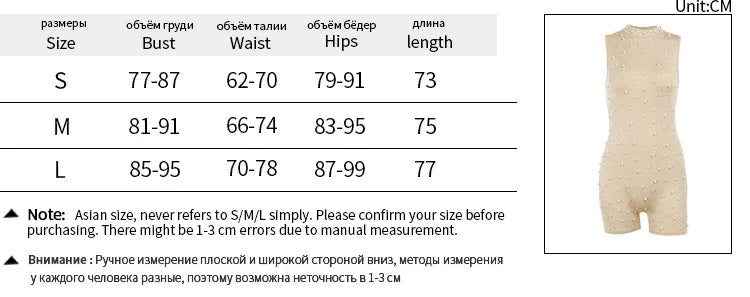 Sexy O-neck Sleeveless Jumpsuit Women Summer Beaded Mesh Rompers Skinny Elegent One Piece Apricot Fashion Hot Combinaison Femme