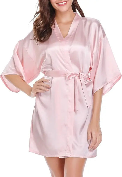 Womens Kimono Robes Dressing Gown Satin Bathrobe Nightdress Short Style Bridal Robe As the photo show 4