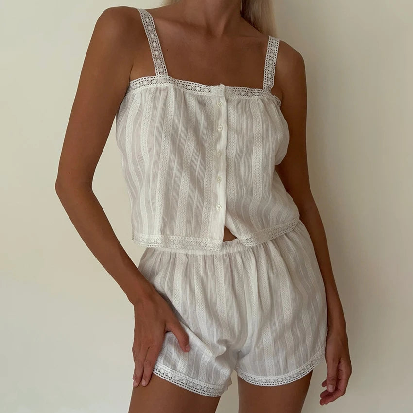 Hiloc Summer Elegant Jacquard Weave Shorts Suits Pajamas Cotton Ruffles White Sleepwear Home Spaghetti Strap Vest Casual Sets