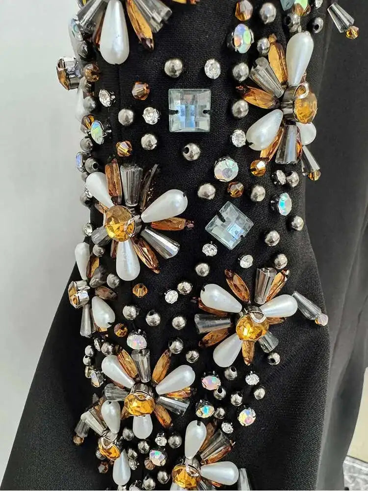 QMQA Fashion Women's Evening Dress Bead Diamond Spliced V Neck Long Sleeve High Waist Maxi Party Dresses 2025 Spring New QM324 Badiee Stylez