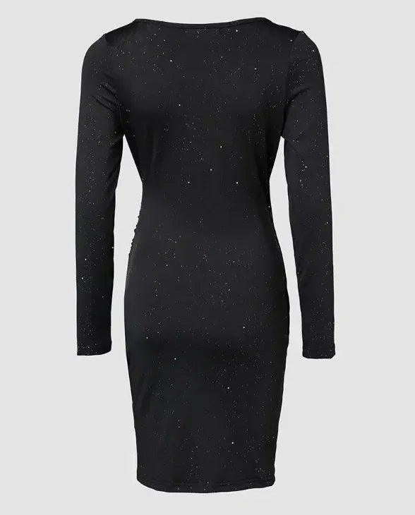 Elegant Black V-Neck Long Sleeve Mini Dress with Glitter Detail - Stretchy Polyester  Ruched Cocktail Party Gown for Women, Cock Badiee Stylez