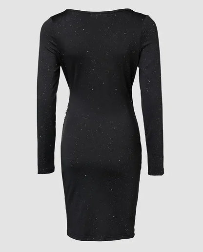 Elegant Black V-Neck Long Sleeve Mini Dress with Glitter Detail - Stretchy Polyester  Ruched Cocktail Party Gown for Women, Cock Badiee Stylez