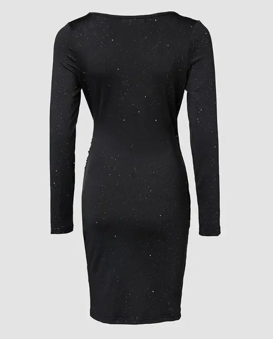 Elegant Black V-Neck Long Sleeve Mini Dress with Glitter Detail - Stretchy Polyester  Ruched Cocktail Party Gown for Women, Cock Badiee Stylez
