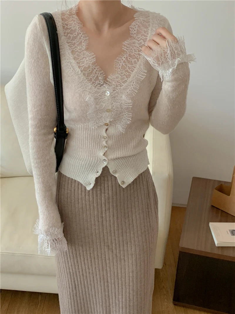 High-fashion Kawaii Botton Up Lace Patchwork Knitted Cardigan Women Autumn Winter Ladies Elegant Vintage Sweater Cheap Wholesale
