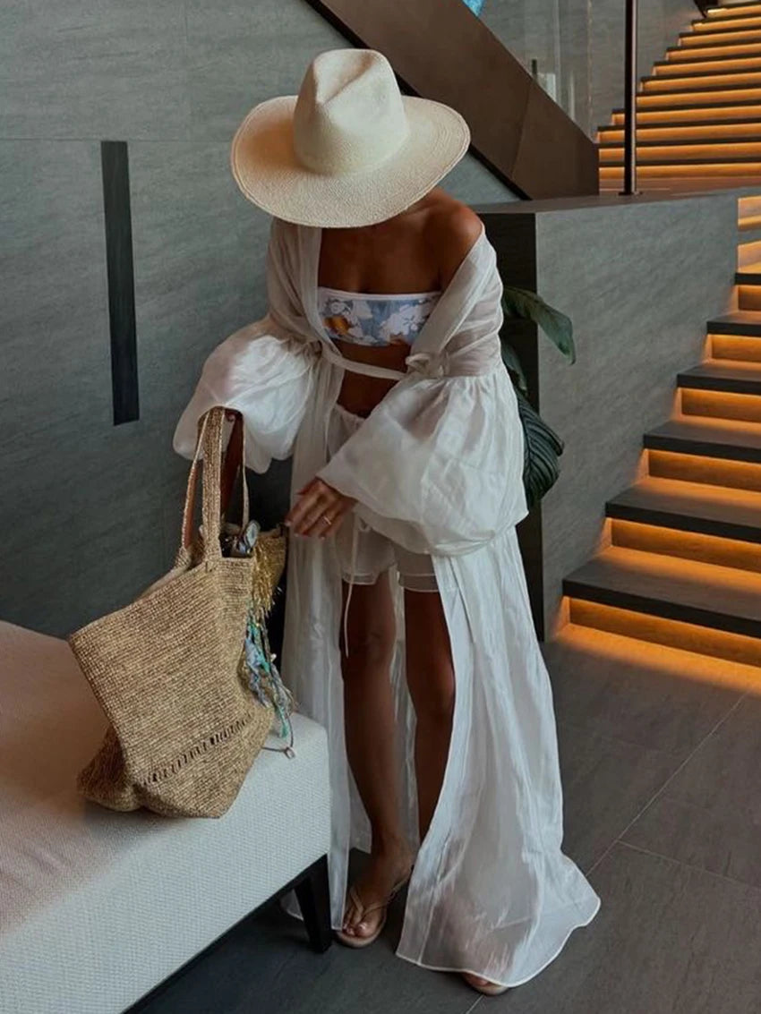 Marthaqiqi Casual Ladies Pajama Set Long Sleeve Nightie Sexy V-Neck Sleepwear Lace Up Nightwear Shorts Loose Home Clothes Female