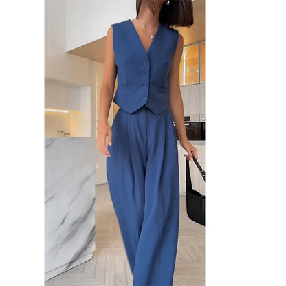 casual sleeveless suit set office lady spring summer elegant slim v-neck blazer tops pants two piece set women outfit 2024 Blue