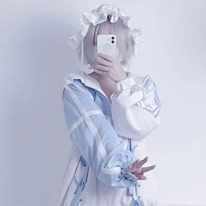 Girls Stitch Woman Clothing Subculture Japanese Hoodie Blue White Autumn Woman Sweatshirts Zipper Winter y2k Clothes Hoodies