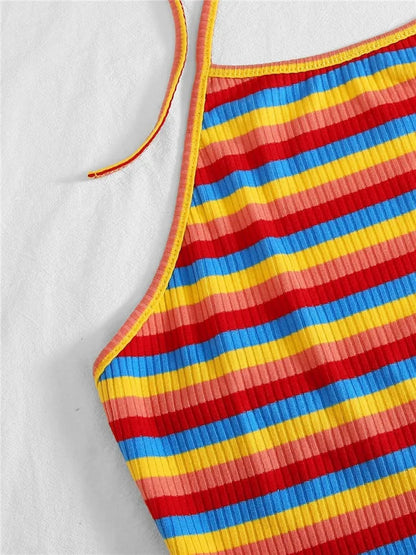 Rainbow Rib-knit Striped Halter Top Women Summer Y2K Clothes Sexy Korean Fashion Backless Sleeveless Crop Top Streetwear 2023