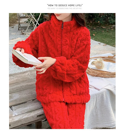 Large Size Flannel Pajamas Set Autumn Winter Female Sleepwear Trouser Suit Thicken Coral Fleece High Collar Lounge Wear Homewear