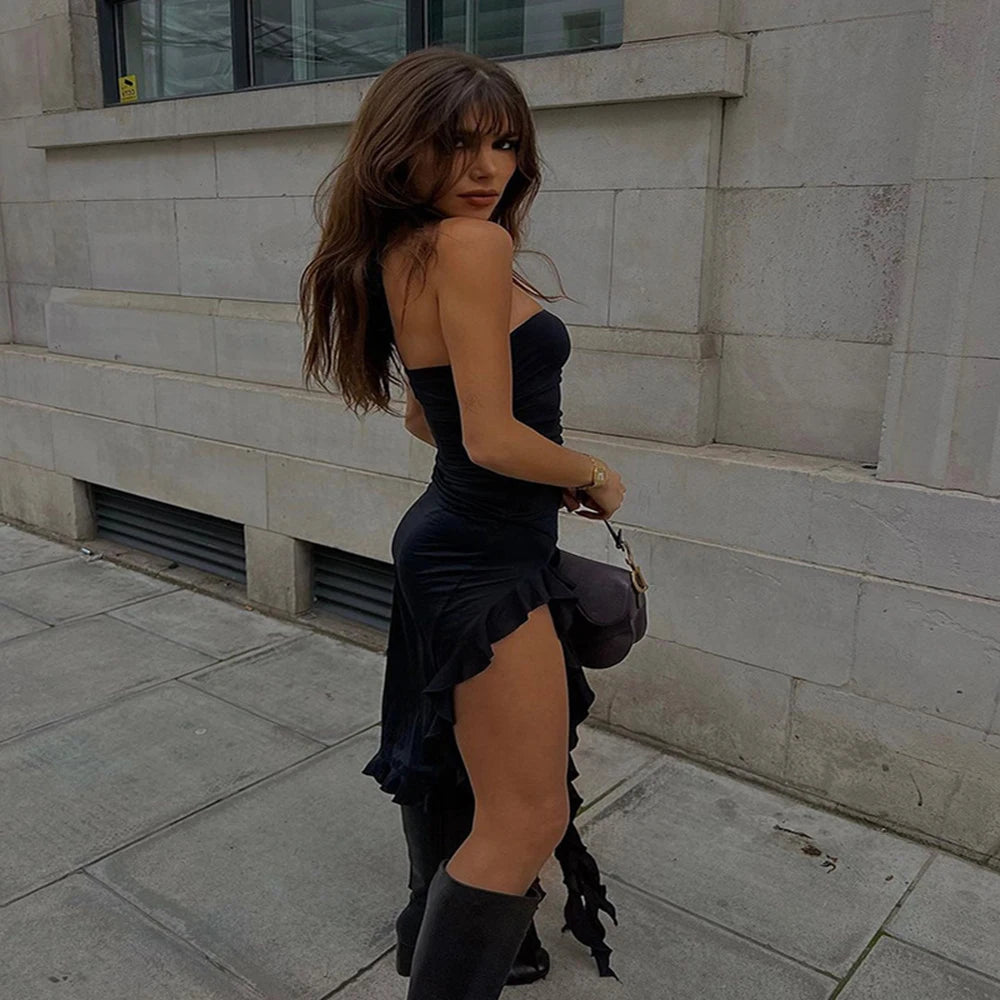 WonMiracle Elegant Strapless Dress Women Irregular Tassel 2024 Summer Trend Skinny Split Maxi Bodycon Party Dress For Women