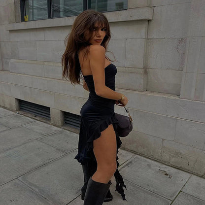 WonMiracle Elegant Strapless Dress Women Irregular Tassel 2024 Summer Trend Skinny Split Maxi Bodycon Party Dress For Women