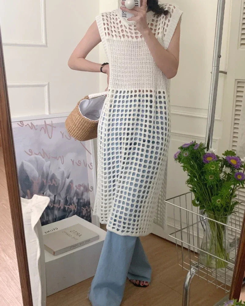 TKNOLEGE Knitted Dress Hollow French Style Fashion O-neck Out Design Sleeveless Solid Casual Tender Holiday Chic Ladies Dress ﻿