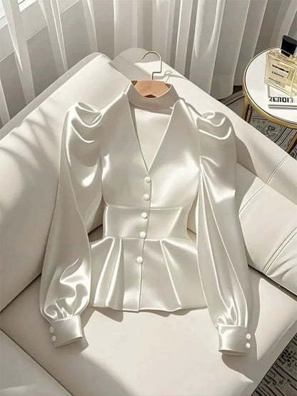 French Elegant Women's Shirt Luxury Waist Cinched White Satin Long Sleeve Shirt for Women Temperament Women's Elegant Blouses