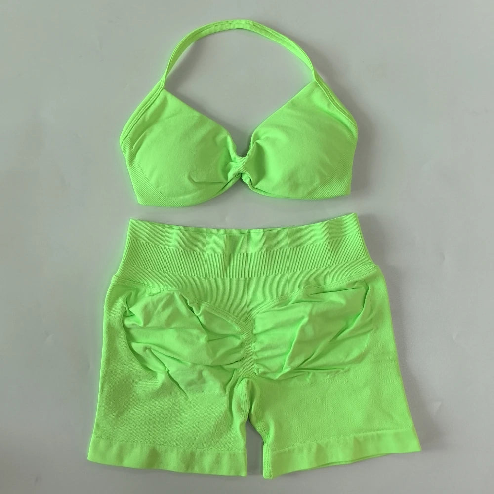 NO LOGO 2PCS Gym Set Women Strappy Yoga Bra Top High Waist Workout Scrunch Shorts Sports Suit Seamless Yoga Set Fitness Clothes Badiee Stylez