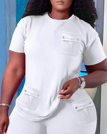 Women Two Piece Shorts Sets Solid Round Neck T Shirts Pockets Elastic Waist Short Trousers Suits Leisure Ladies 2025 Summer