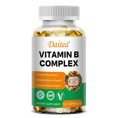 DAITEA - Vitamin B Complex Capsules - B12, B1, B2, B3, B5, B6, B7, B9, Folic Acid and Biotin - Reduce Stress, Boost Immunity