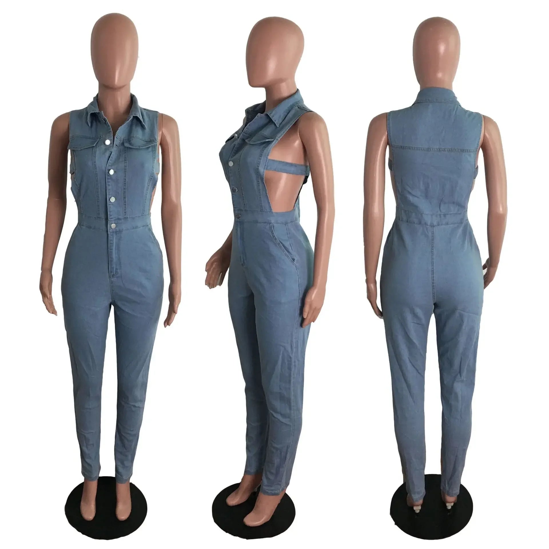 Hollow Denim Ankle Length Pants Women Overalls Spliced Washed Pencil Jeans Vintage Skinny Jean One Piece Button Sexy 2025