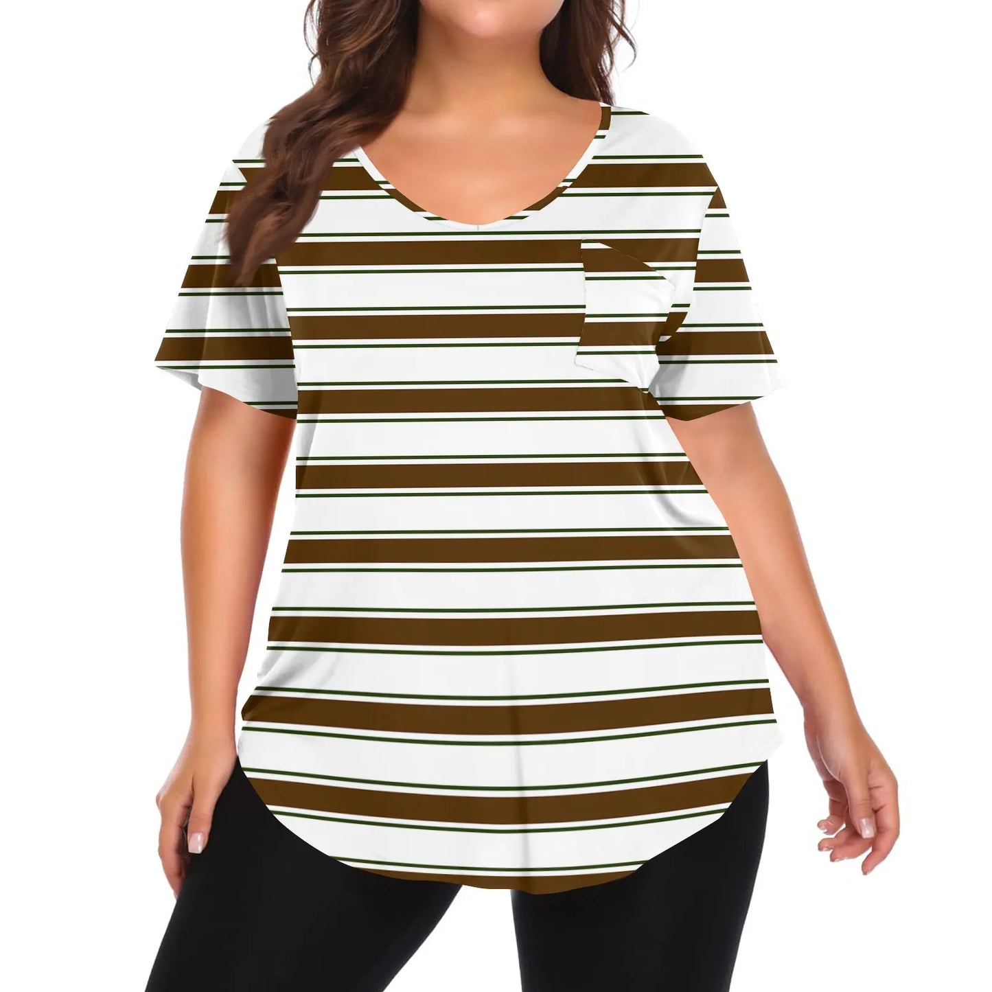 Plus Size Casual striped T-shirt For Women V neck short sleeves Loose Tops With Pocket Summer Daily Casual Plus Size Women's Top Light Brown
