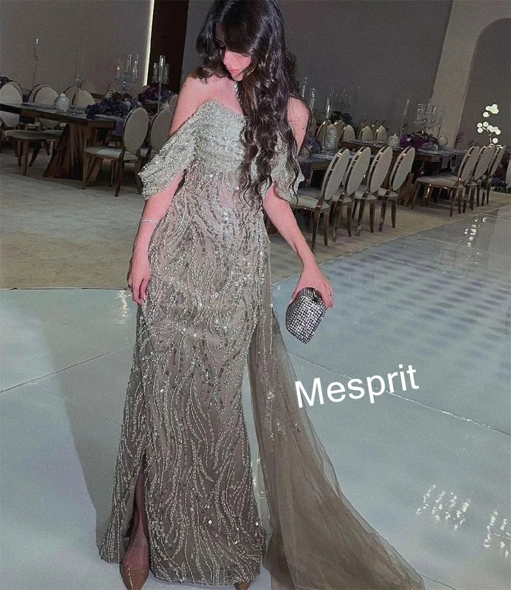 Customized Intricate Pleat Pattern Beading Trumpet Off-the-shoulder Long Dresses Bespoke Occasion Dresses Sizes Available Badiee Stylez