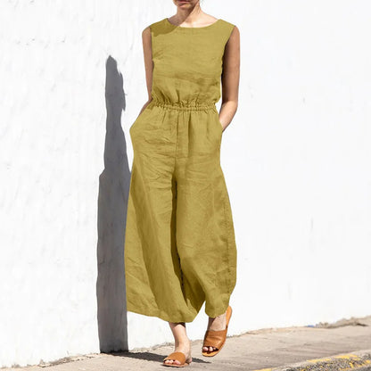 Elegant Solid Cotton Linen Women Jumpsuit Fashion Button O Neck Sleeveless Pocket Jumpsuits Ladies Elastic Waist Office Clothing