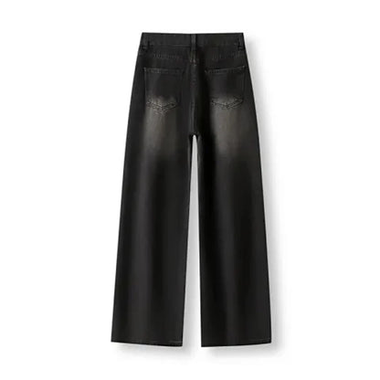 Korean Vintage High Waist Women's Jeans Y2K Slimming Pear-Shaped Loose Straight Bell Bottoms Black Gray Baggy Denim Trousers - Badiee Stylez