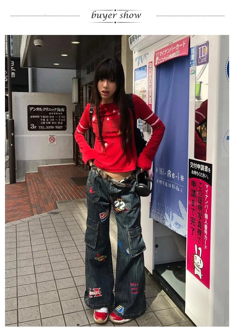 Karrram Vinatge Y2k Baggy Jeans Japanese 2000s Style High Waist Flared Jeans American Retro Denim Cargo Pants Harajuku Trousers