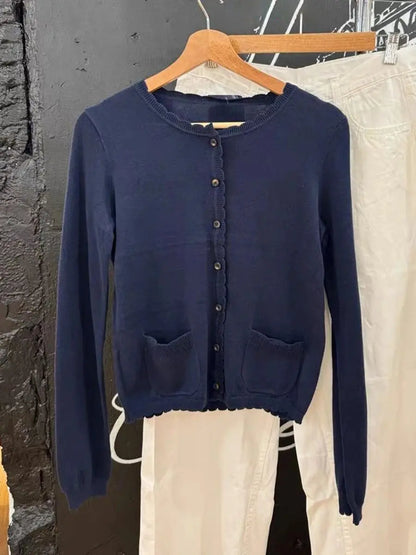 Pockets Gray Knitted Sweater Cardigan Woman Round Neck Long Sleeve Cotton Sweaters Autumn Sweet Preppy Style Knitwear Y2k Top Navy One Size