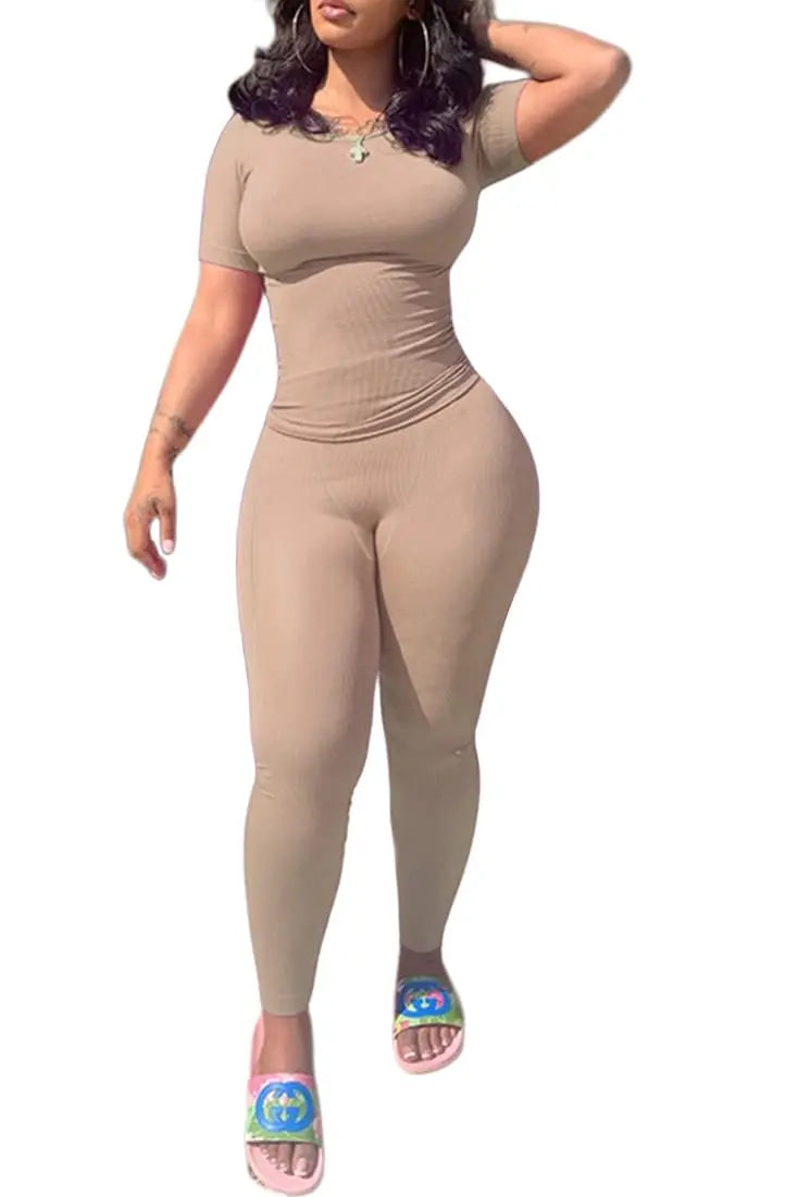 Lounge Wear Ribbed Casual 2 Piece Summer Shorts Set For Women Sleeve Top+Elastic Leggings Outfits