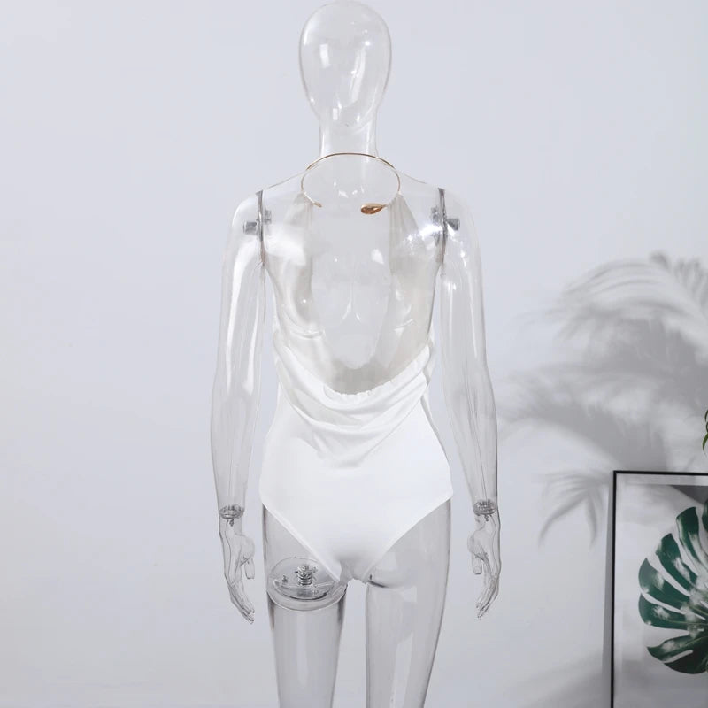 Sexy Metal Halter Deep V-neck Jumpsuits Women High Street Backless Sleeveless Short Bodysuit 2025 Summer New Lady Slim Clubwear