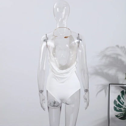 Sexy Metal Halter Deep V-neck Jumpsuits Women High Street Backless Sleeveless Short Bodysuit 2025 Summer New Lady Slim Clubwear