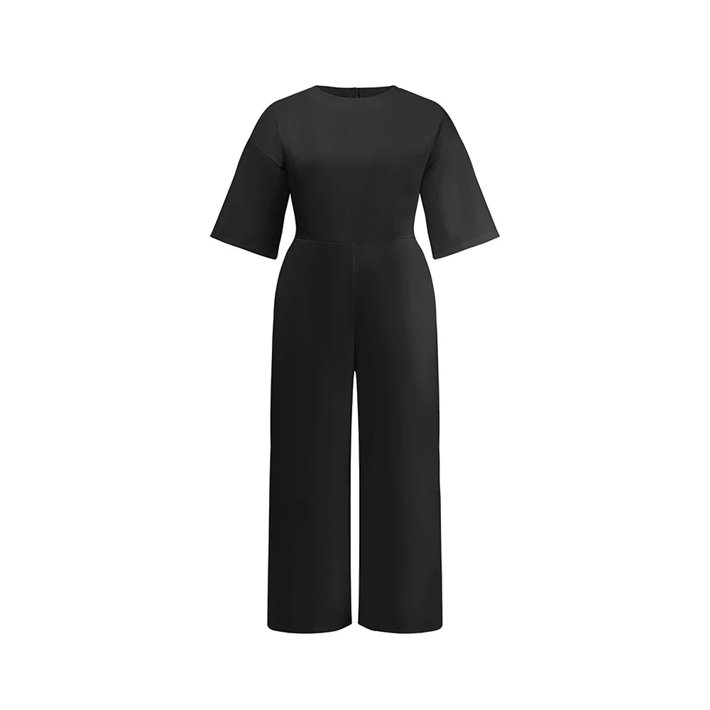 Women’s Loose Jumpsuit Pockets Solid Elegant Straight Long Pants Summer Round Neck 3/4 Sleeves Casual Female Office Lady Rompers Badiee Stylez