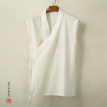 Chinese Traditional Clothing Hanfu Vest Men Linen Cotton Sleeveless Top Men's Tang Suit Kimono Cardigan Men's Slit Top