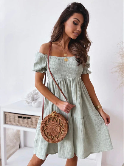 New Short Sleeve Off The Shoulder High Waist A-Line Pleated Dress Sexy Club Outfits Solid Color Summer Dress Women 2025 6