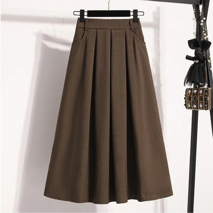2025 Solid Color Versatile Medium Length Skirt Pleated Plus Size A-Line Maxi Gown Cover Hip Spring Summer New Half-length Skirt Dark Brown