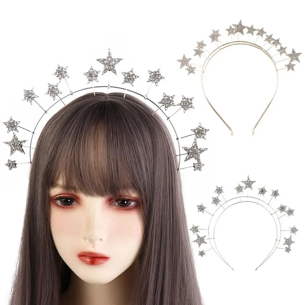 Exaggerated Metal Star Hair Hoop Silver bilayer Halo Crown Princess Bridal Hair Tiara Baroque Hairbands Head Jewelry
