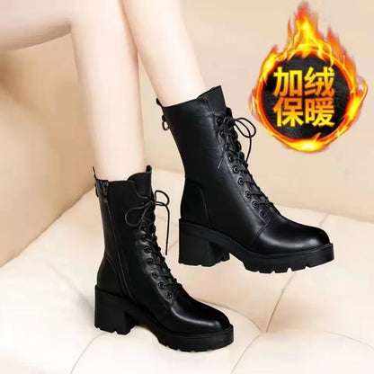 2025 Autumn and Winter New Ma Boots Female British Mid-tube Boots Korean Short Boots Tide Flat Female Leather Boots Women Shoes black plush