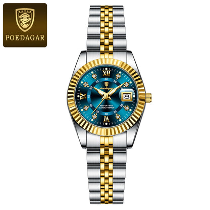 POEDAGAR Original Elegant Women's Watches Waterproof Luminous Date Women Watch Stainless Steel Quartz Fashion Ladies Wristwatch 780 Gold Blue