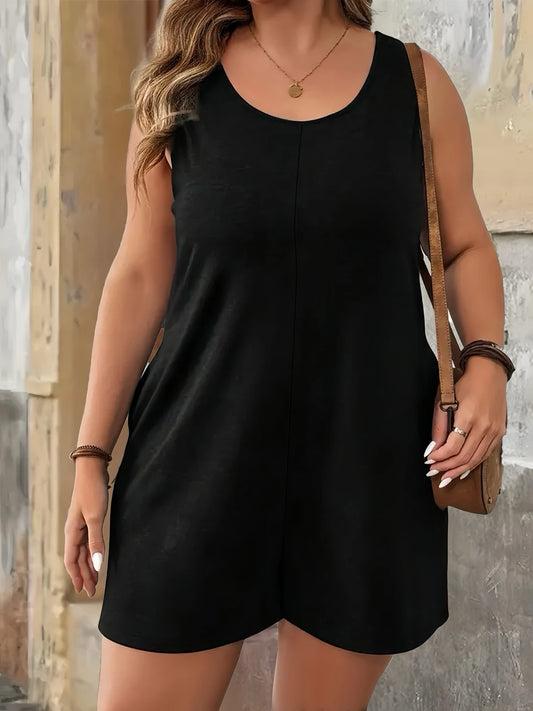 Chic Plus Size Solid Vest Romper - Round Neck Jumpsuit with Pockets, Elegant Casual Summer Outfit for Women