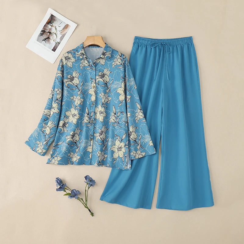 ZANZEA Autumn Vintage Pant Sets Women Fashion 2 Piece Outfits 2025 Elegant Long Sleeve Print Tops and Elastic Waist Pants 2pcs Badiee Stylez