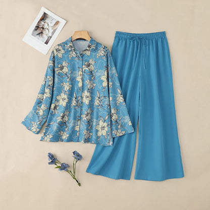 ZANZEA Autumn Vintage Pant Sets Women Fashion 2 Piece Outfits 2025 Elegant Long Sleeve Print Tops and Elastic Waist Pants 2pcs Badiee Stylez